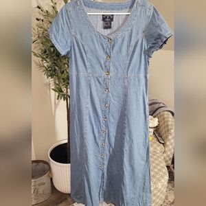 Vintage Solutions Cottage Core Button Down Denim Short Sleeve Maxi Dress Y2K